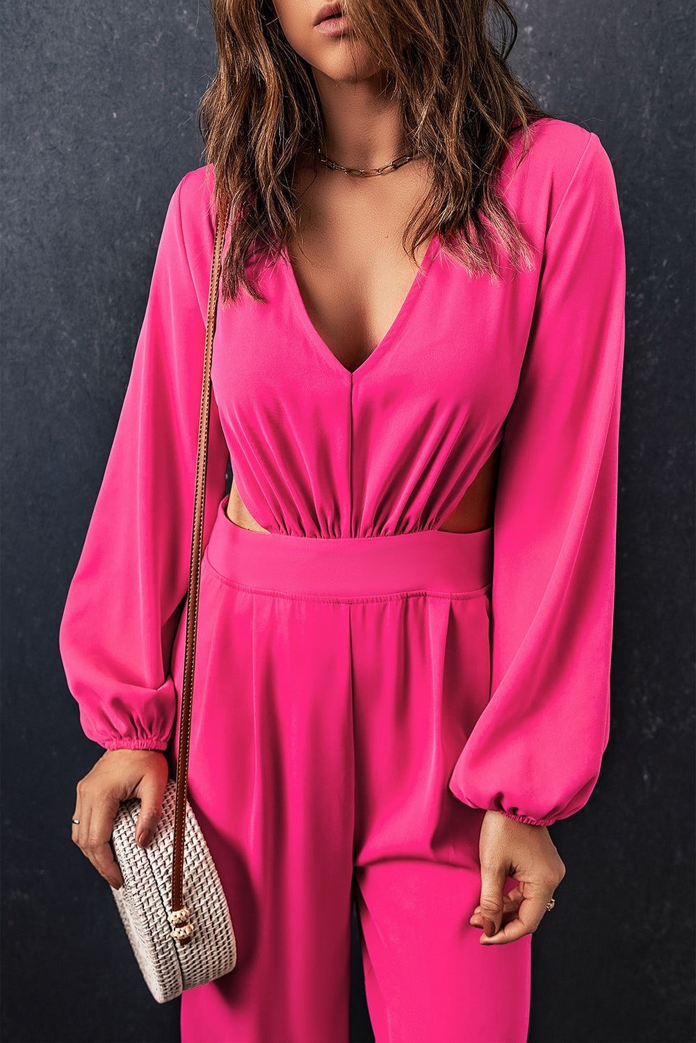 Cutout Side Plunge V-neck Long Sleeve Pant One-piece Neon Hot Pink Jumpsuit