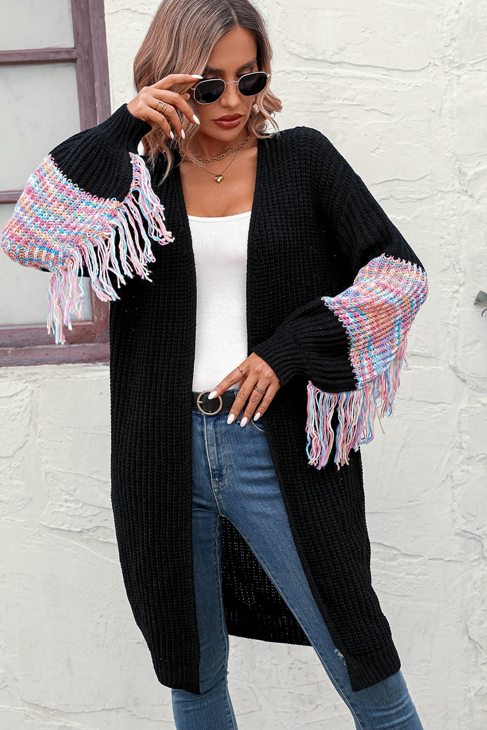 Fringe Sleeve Retro Waffle Knit Longline Cardigan Colorful Open Front Sweater Duster
