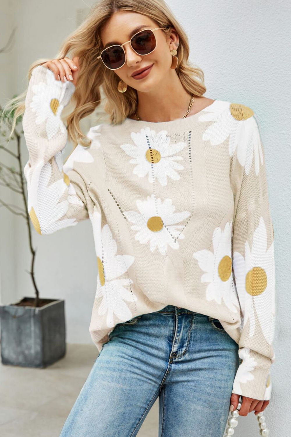Daisy Knit Print Openwork Detail Lightweight Sweater