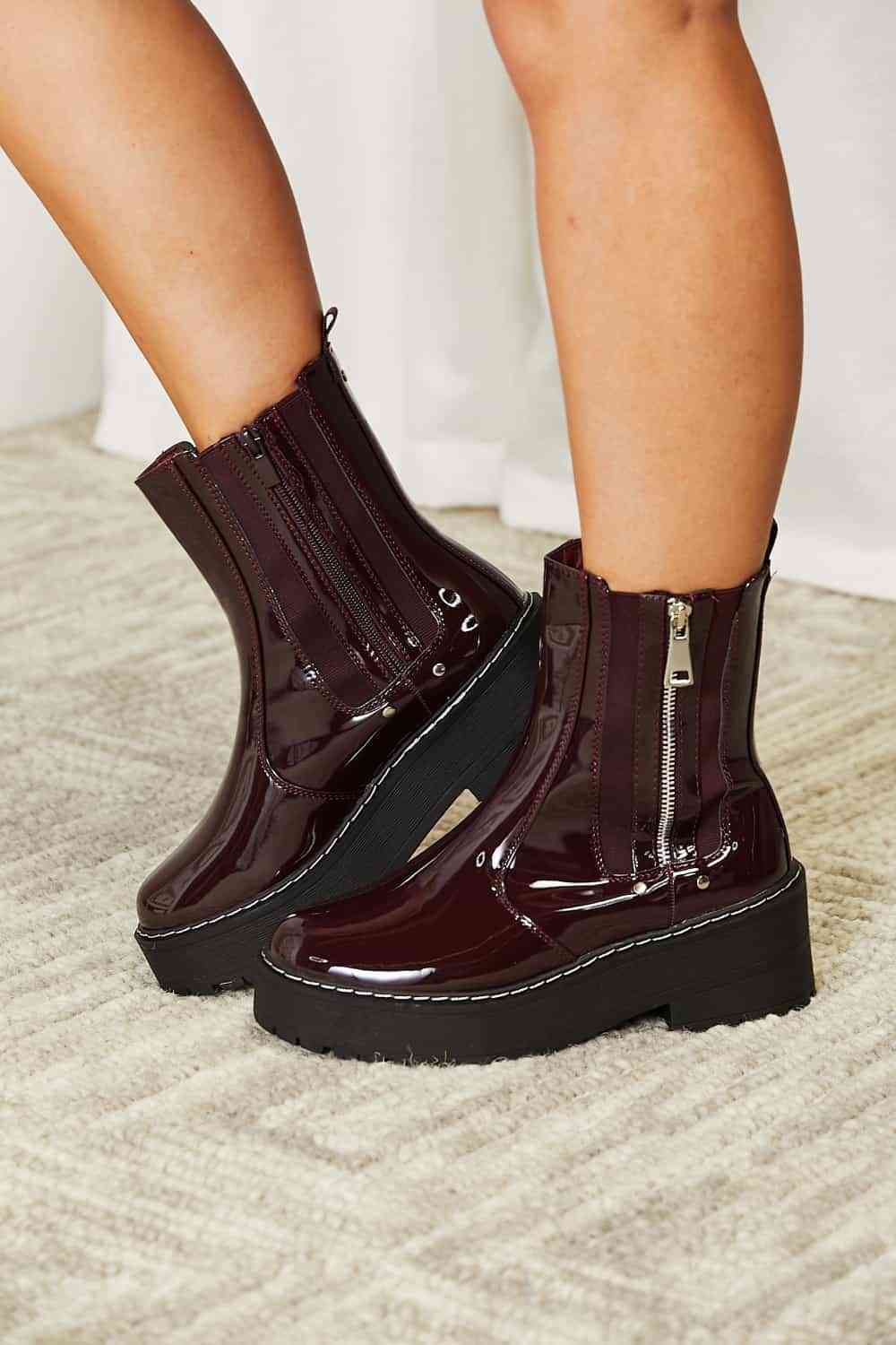 Platform Boots Side Zip Vegan Patent Leather Round Toe Shoes Forever Link