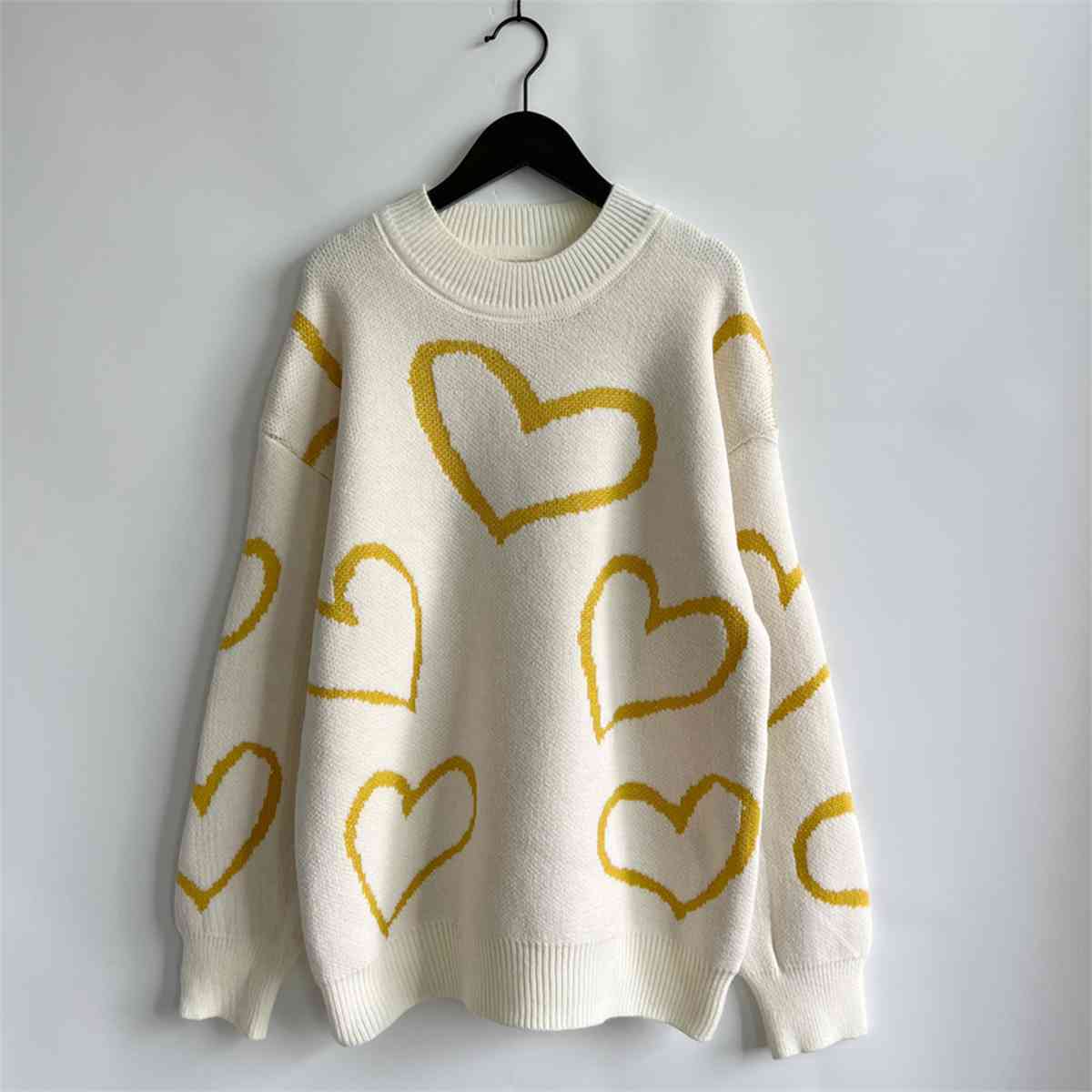 Knit Heart Color Contrasting Classic Long Sleeve Round Neck Pullover Sweater Top