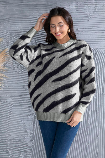 Zebra Stripe Animal Print Long Sleeve Round Neck Oversized Sweater Shirt