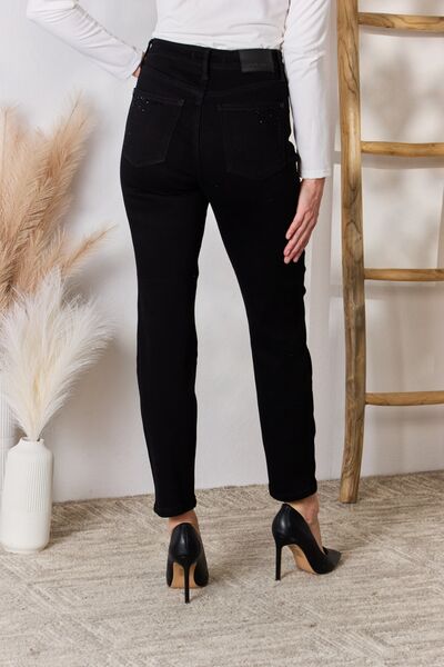 Black Rhinestone Accent Skinny Slim Fit Denim High Rise Waist Jean Pants