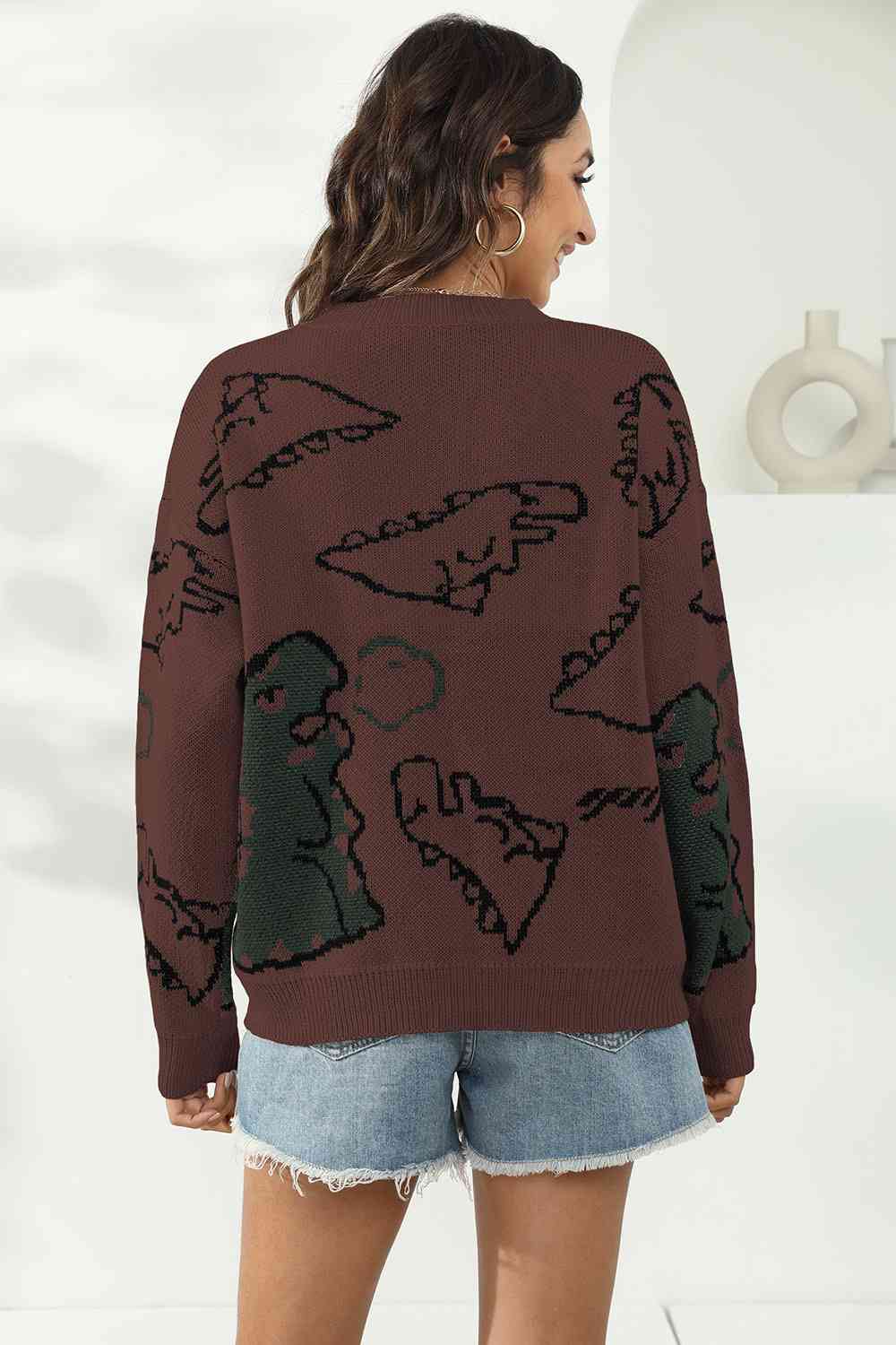 Knit Dinosaur Print Round Neck Long Sleeve Oversized Fun Pullover Sweater