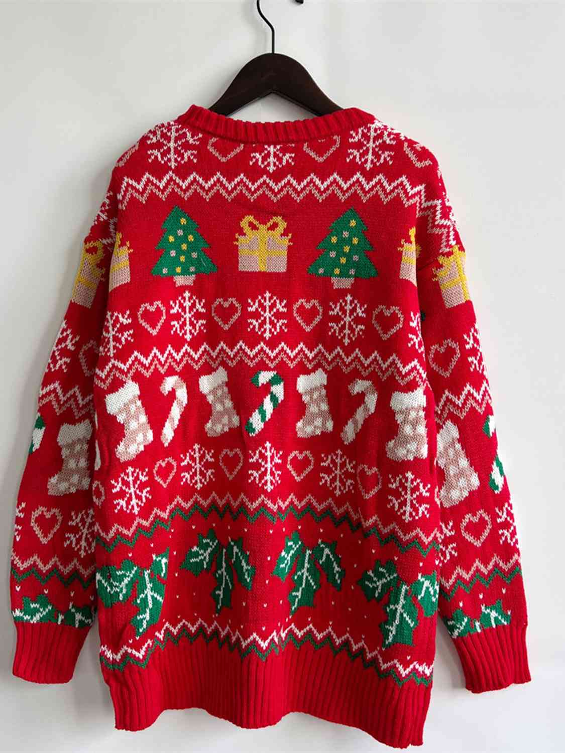 Festive Knit Santa Candy Canes Trees Round Neck Holiday Sweater Top