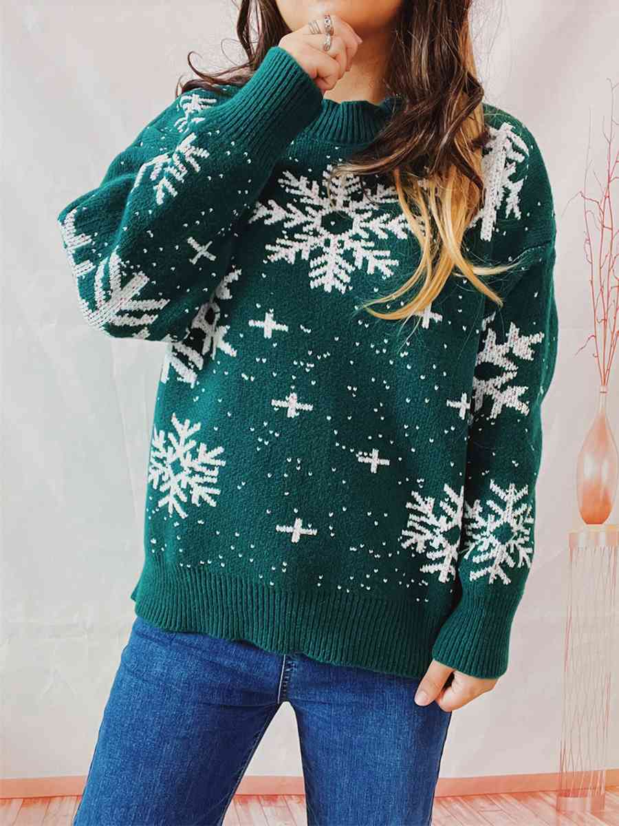 Color Contrast Snowflake Round Neck Long Sleeve Minimalist Winter Sweater