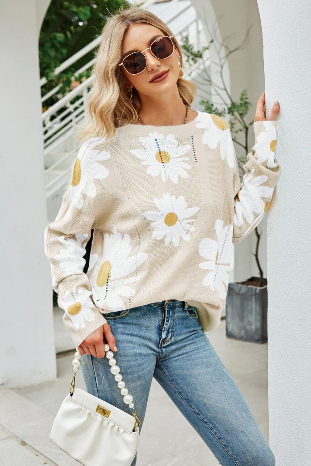 Daisy Knit Print Openwork Detail Lightweight Sweater