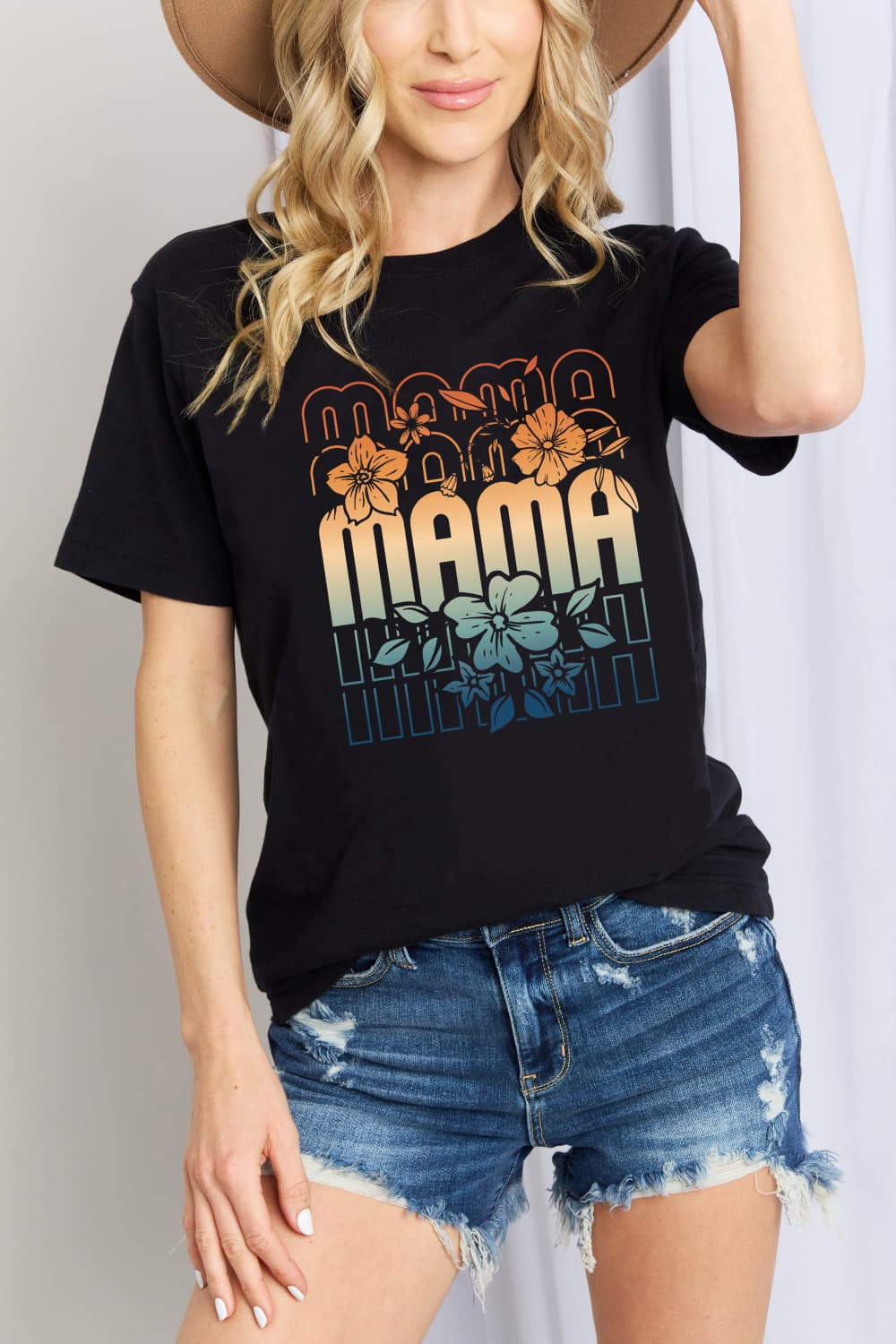 Floral MAMA Colorful Tropical Graphic 100% Cotton Short-sleeve Tee Shirt (Plus Size Available)
