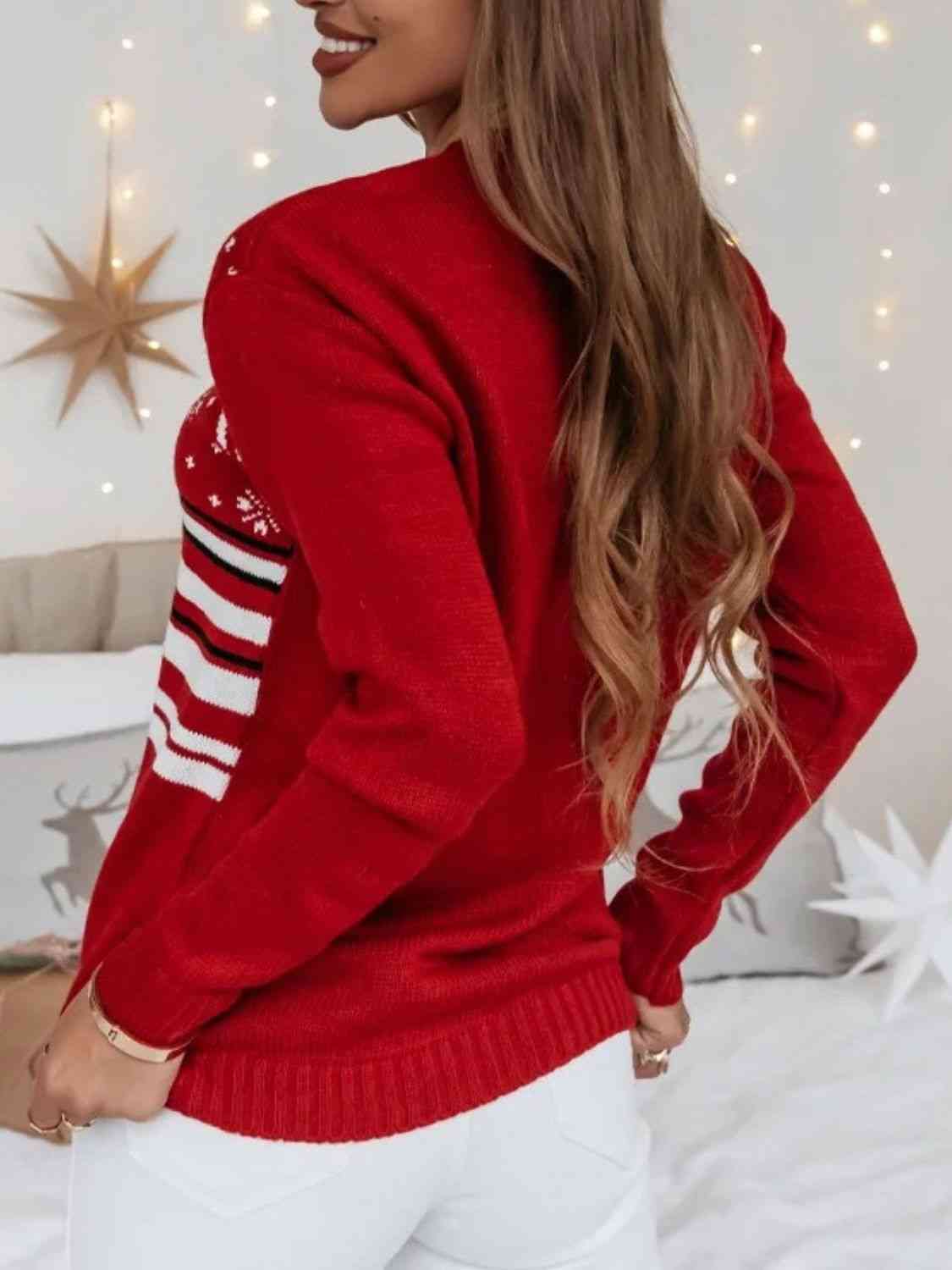 Knit Reindeer Snowflake Stripe Round Neck Classic Holiday Sweater Minimalist