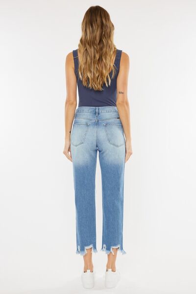 KanCan High-Rise Distressed Denim Raw Cropped Straight Leg Mom Jean Cotton Pants