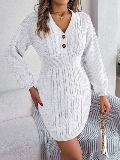 Cable Waffle Knit Blend Sweater Dress Buttoned V-neck Long Sleeve Mini