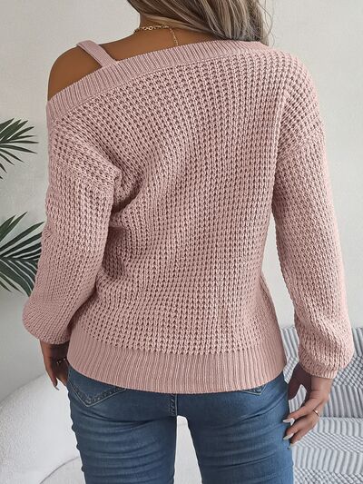 Waffle Knit Cold Shoulder Asymmetrical Gold Accent Long Sleeve Sweater Shirt