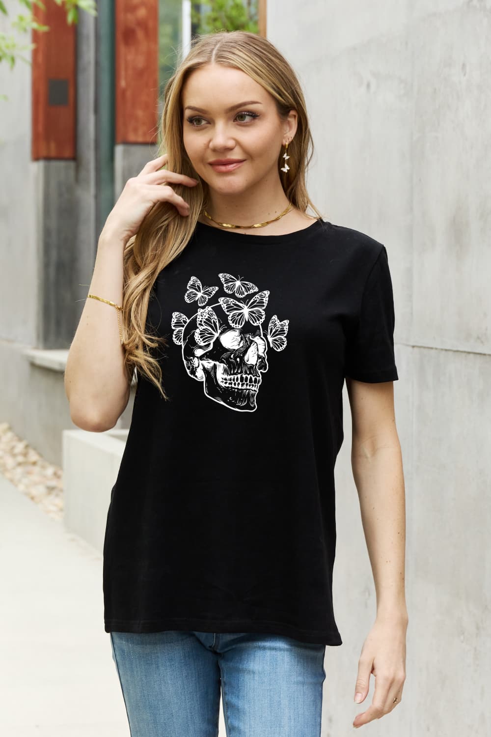 Skull Butterfly Contrasting Graphic 100% Cotton Short-sleeve Tee Shirt