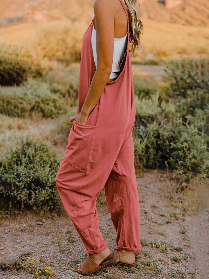 Oversized Hippie V-Neck Sleeveless Wide Leg Pant Pocket Jumpsuit Bohemian Outfit