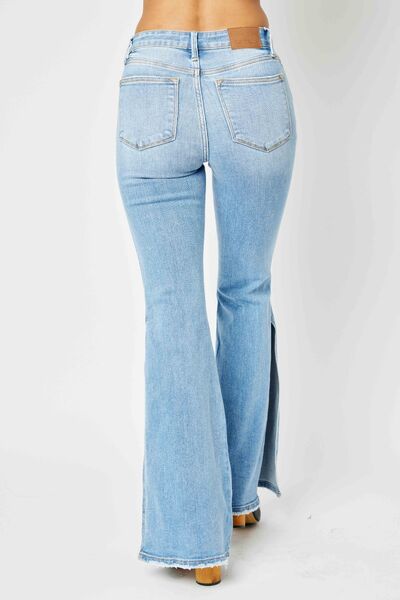 Retro Mid-rise Split Bell Bottom Flare Leg Raw Hem Skinny Judy Blue Jean Pants