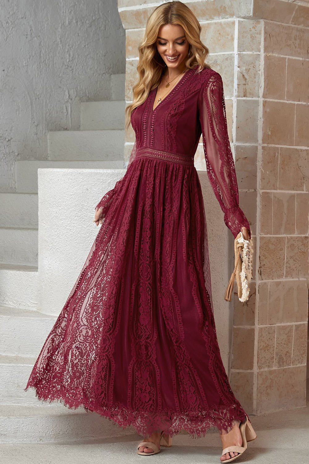 Elegant LACE V-Neck Long-sleeve Maxi Dress (Plus Size Available)