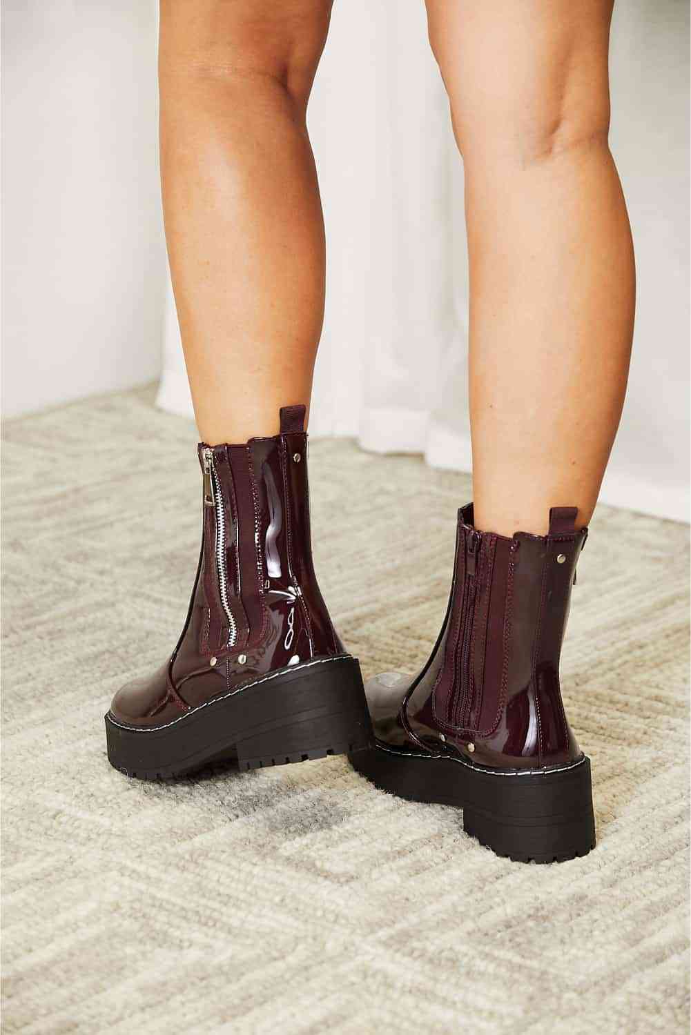 Platform Boots Side Zip Vegan Patent Leather Round Toe Shoes Forever Link