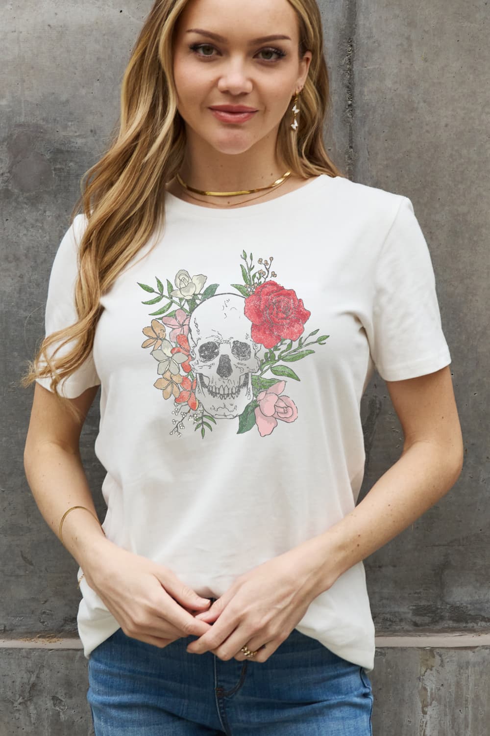 Floral Skull Head Retro Distressed Graphic Short-sleeve Tee Shirt 100% Cotton