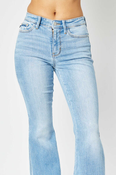Retro Mid-rise Split Bell Bottom Flare Leg Raw Hem Skinny Judy Blue Jean Pants