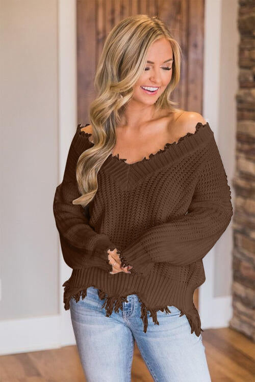 Distressed Raw Hem Off Shoulder Wide Neck Long Sleeve Waffle Knit Sweater Shirt