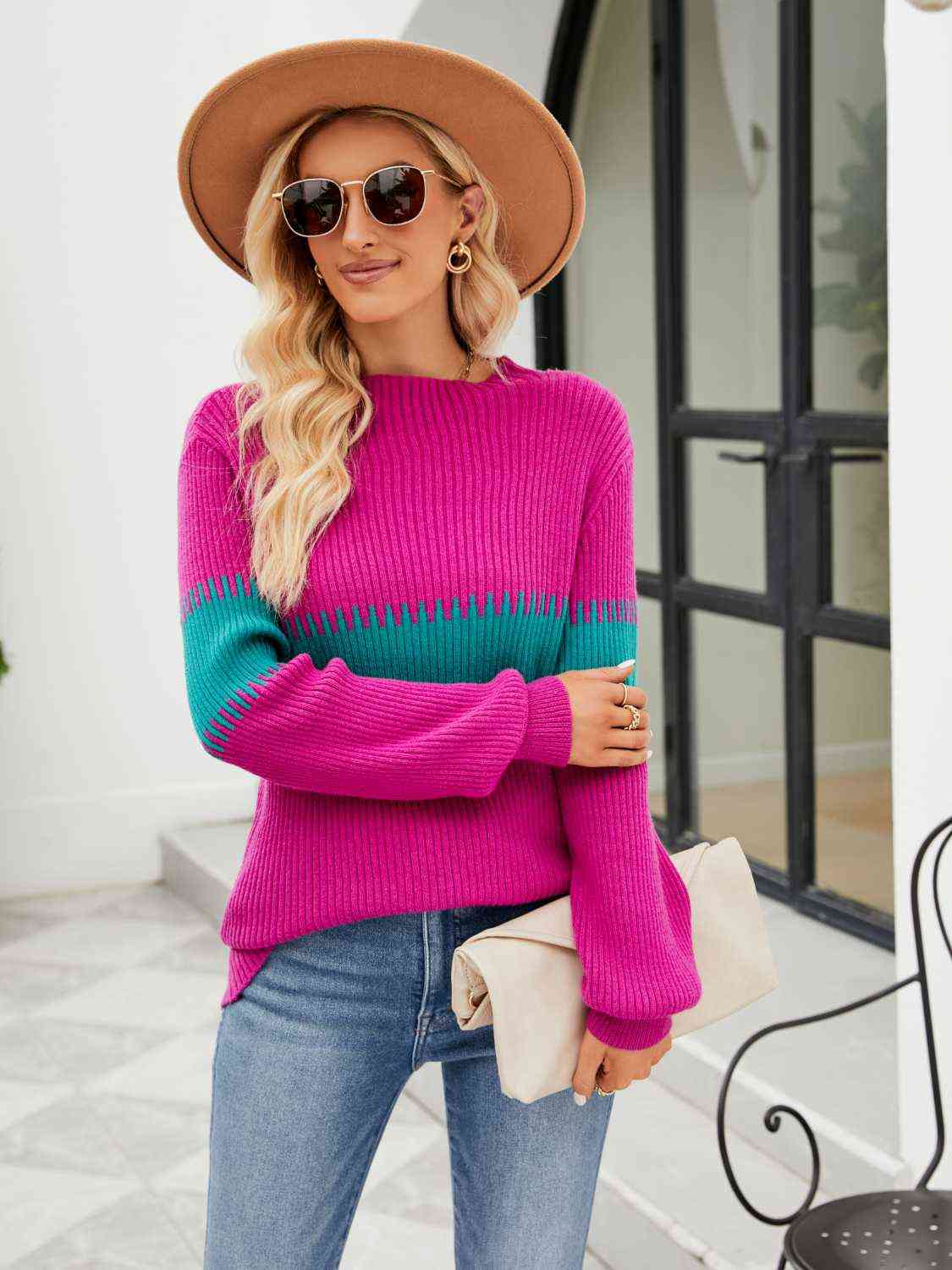 Contrasting Color Block Ribbed Knit Long Sleeve Patchwork Minimalist Sweater