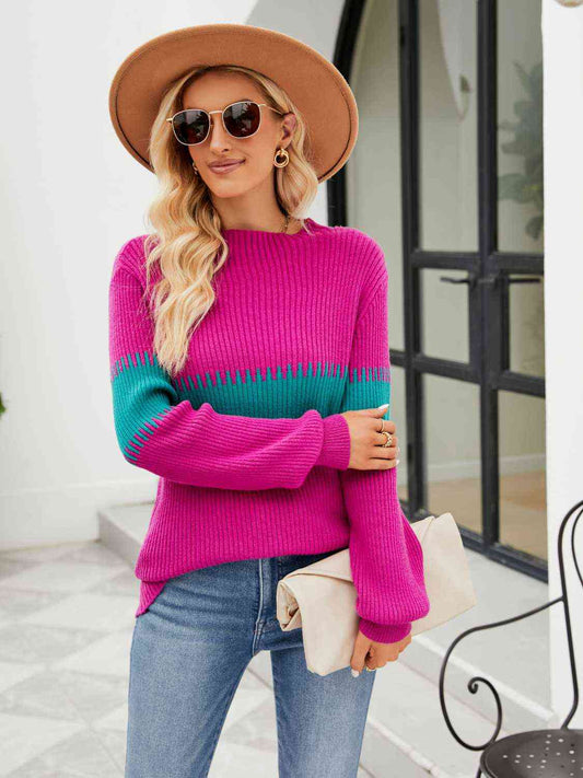 Contrasting Color Block Ribbed Knit Long Sleeve Patchwork Minimalist Sweater