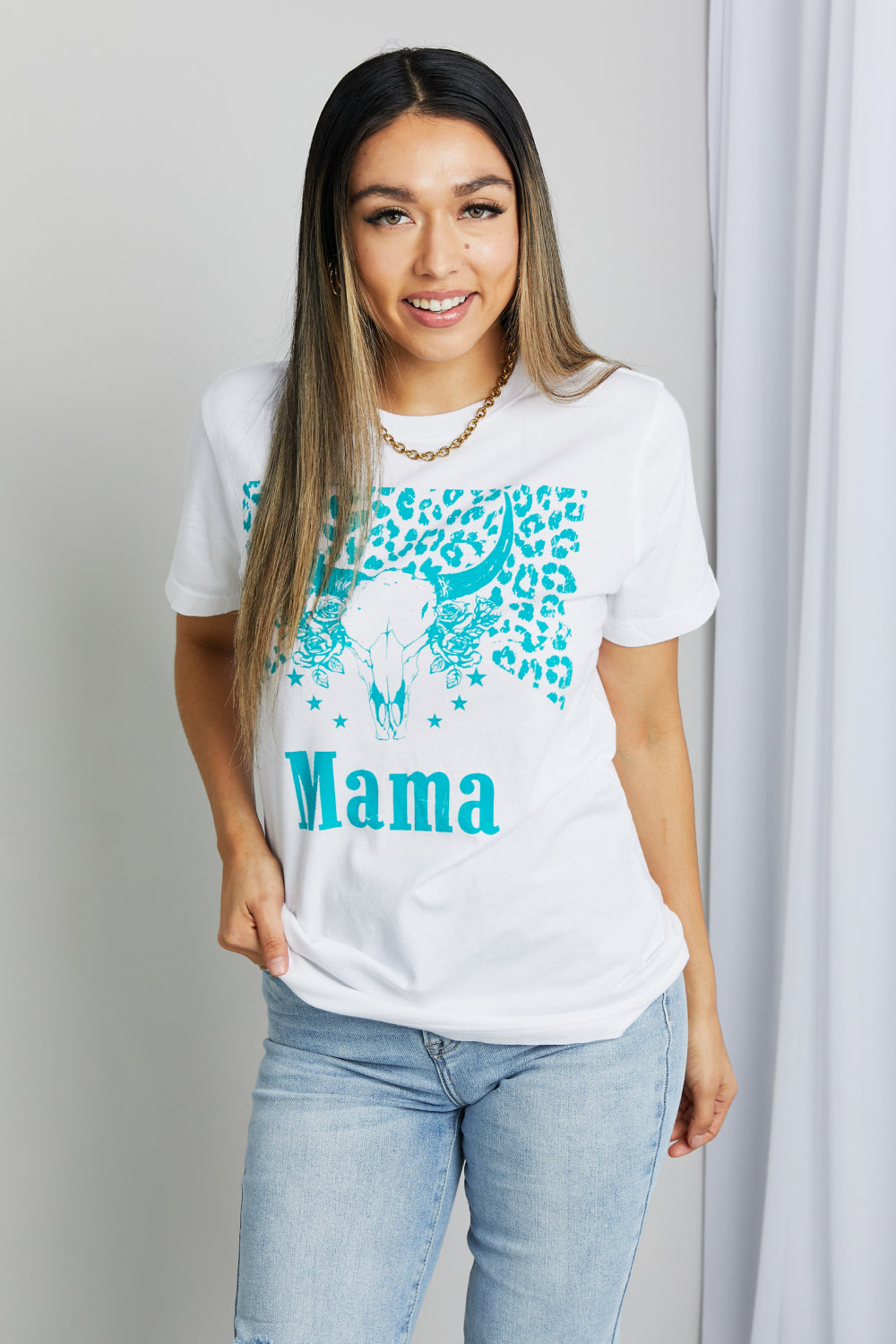 Western MAMA Graphic Teal Bull Horn 100% Cotton Tee Shirt (Plus Size Available)