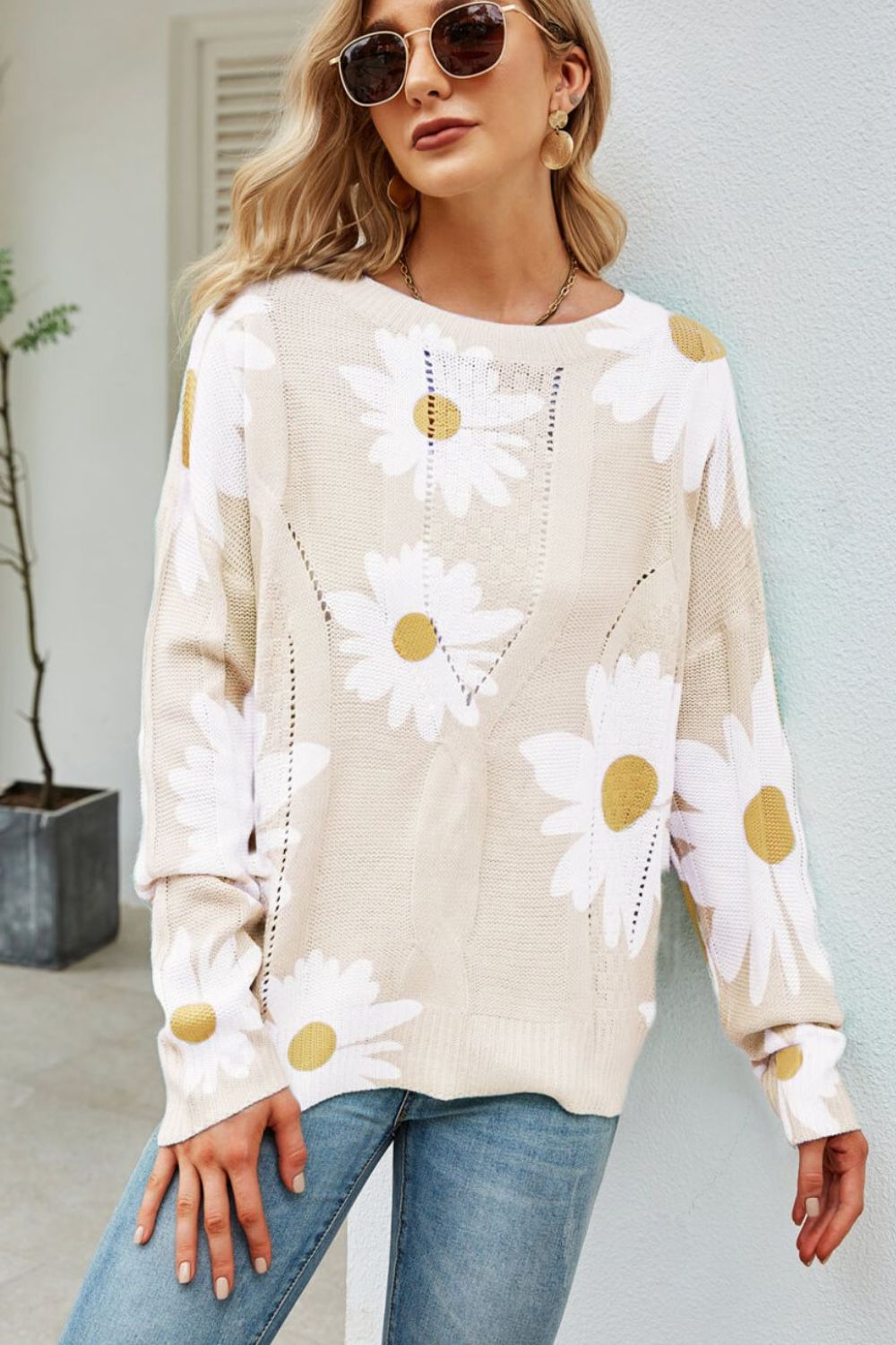 Daisy Knit Print Openwork Detail Lightweight Sweater