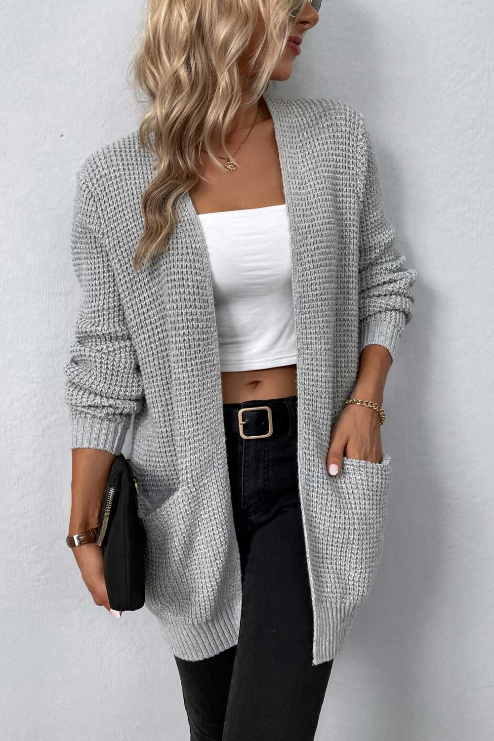 Waffle Knit Longline Open Front Sweater Pocket Cardigan