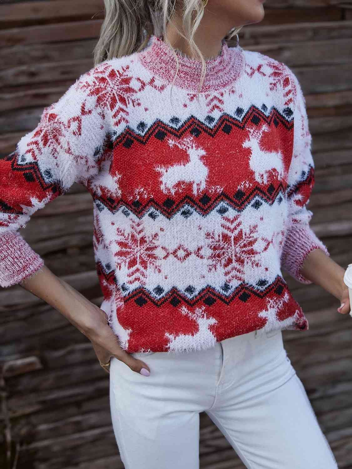 Fuzzy Fair Isle Snowflake Reindeer Knit Holiday Round Neck Minimalist Sweater