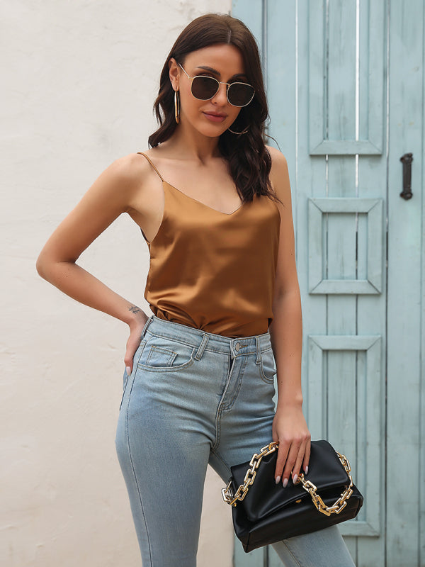 Silky Sleeveless Elegant Spaghetti Strap Cami Top Faux Satin V-neck Shirt