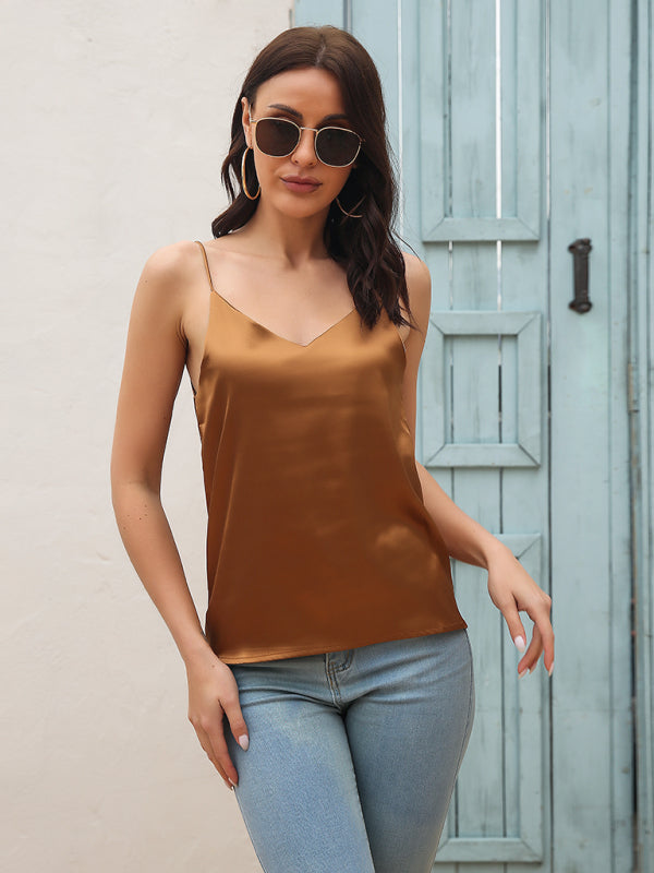 Silky Sleeveless Elegant Spaghetti Strap Cami Top Faux Satin V-neck Shirt