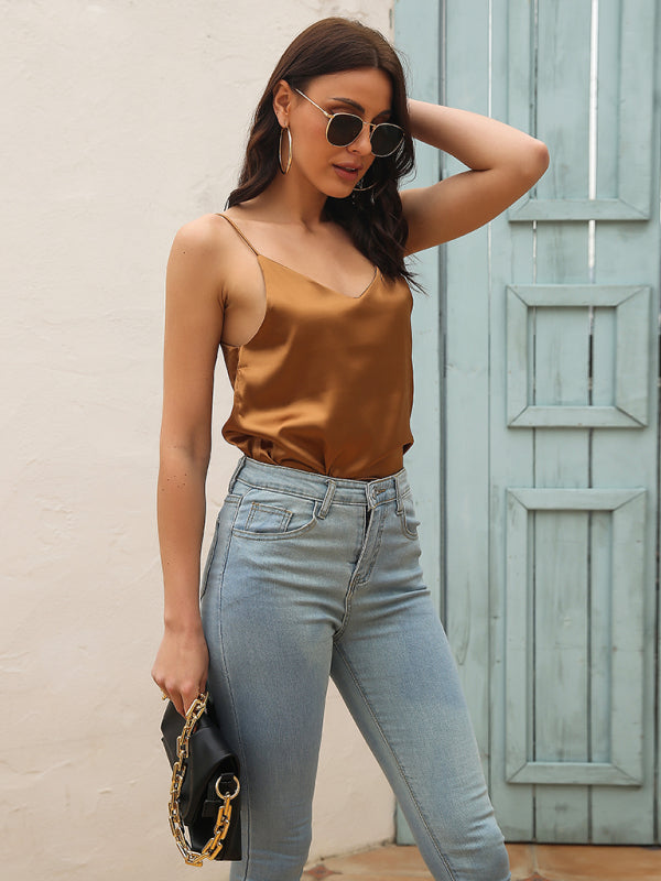 Silky Sleeveless Elegant Spaghetti Strap Cami Top Faux Satin V-neck Shirt