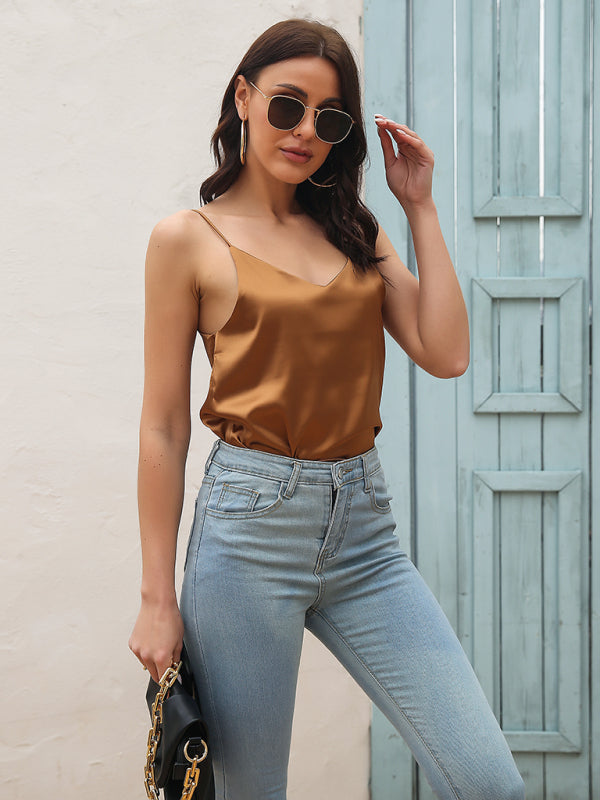 Silky Sleeveless Elegant Spaghetti Strap Cami Top Faux Satin V-neck Shirt