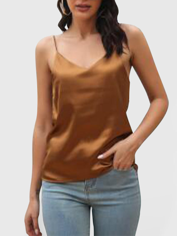 Silky Sleeveless Elegant Spaghetti Strap Cami Top Faux Satin V-neck Shirt