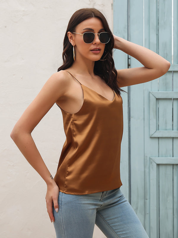 Silky Sleeveless Elegant Spaghetti Strap Cami Top Faux Satin V-neck Shirt