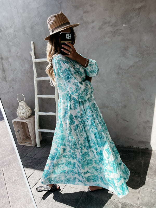Boho Jungle Modest Ruffle Tie Mock Neck Long Sleeve Tiered Oversized Maxi Dress