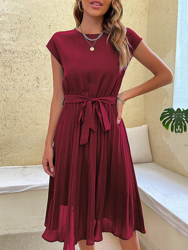 Retro Pleated Classy Modest Round Neck Short Sleeve Knee Length Midi Dress