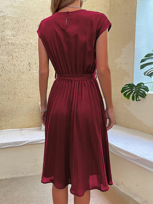 Retro Pleated Classy Modest Round Neck Short Sleeve Knee Length Midi Dress
