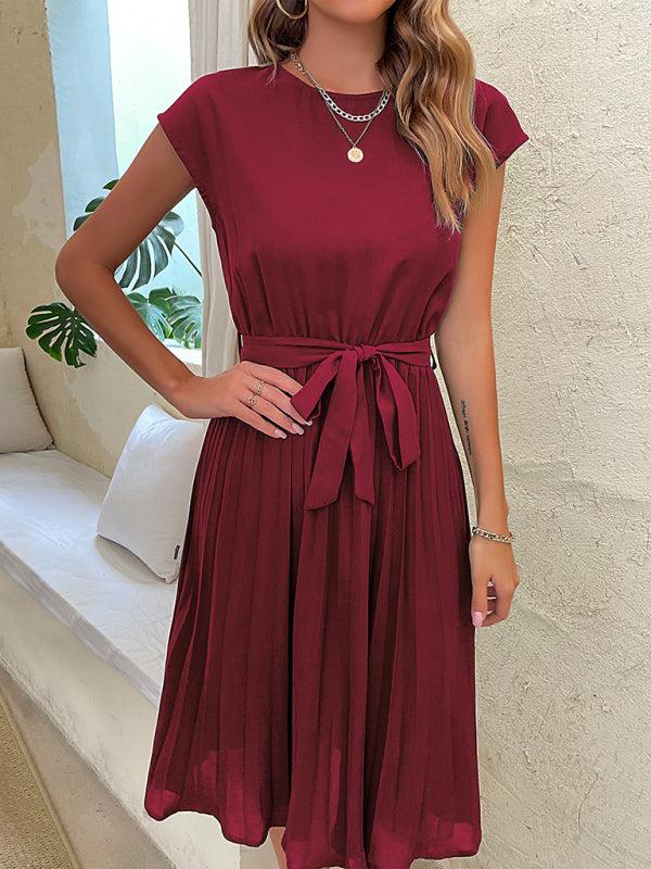 Retro Pleated Classy Modest Round Neck Short Sleeve Knee Length Midi Dress