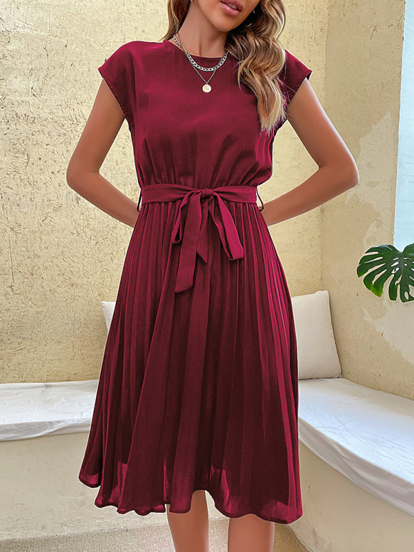 Retro Pleated Classy Modest Round Neck Short Sleeve Knee Length Midi Dress
