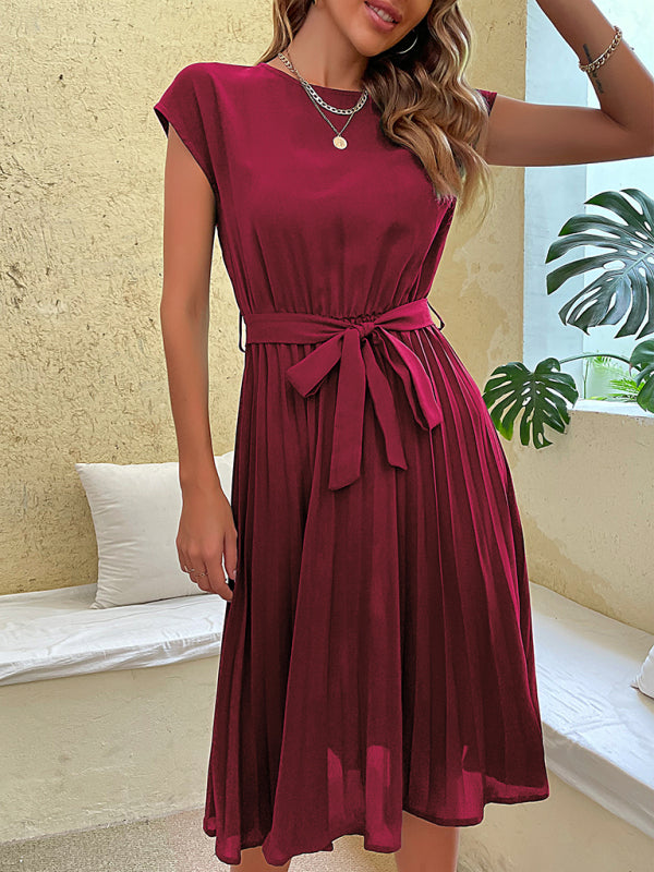 Retro Pleated Classy Modest Round Neck Short Sleeve Knee Length Midi Dress