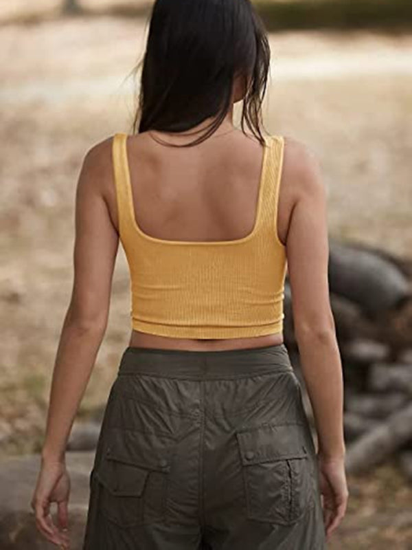Ribbed Sleeveless Casual Tank Square Neck Crop Top Mustard Yellow Cami Shirt