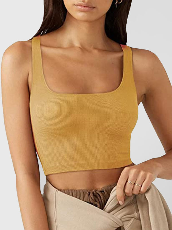Ribbed Sleeveless Casual Tank Square Neck Crop Top Mustard Yellow Cami Shirt