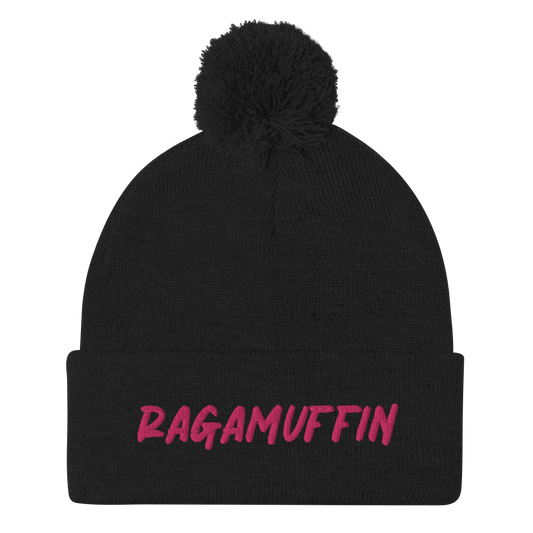 Retro Ragamuffin Beanie Pom Pom Winter Fold over Skullcap Embroidered Knit Hat