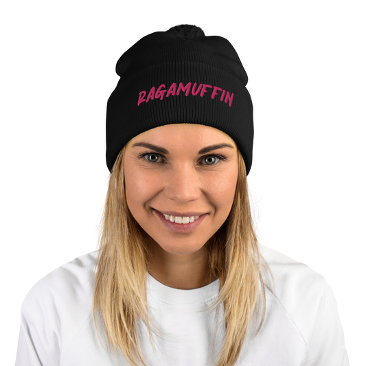 Retro Ragamuffin Beanie Pom Pom Winter Fold over Skullcap Embroidered Knit Hat