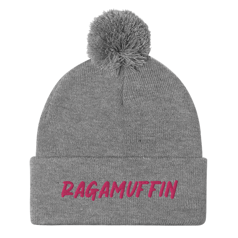 Retro Ragamuffin Beanie Pom Pom Winter Fold over Skullcap Embroidered Knit Hat