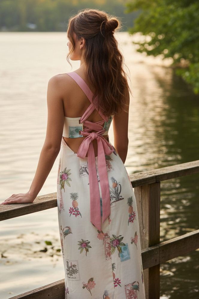 Palm Beach Linen Blend Cross Tie Back Square Neck Sleeveless Tropical Midi Dress