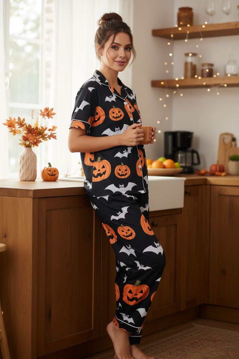 Spooky Pumpkin Bat Button-Down Short Sleeve Halloween Pajama Pants Loungewear Set