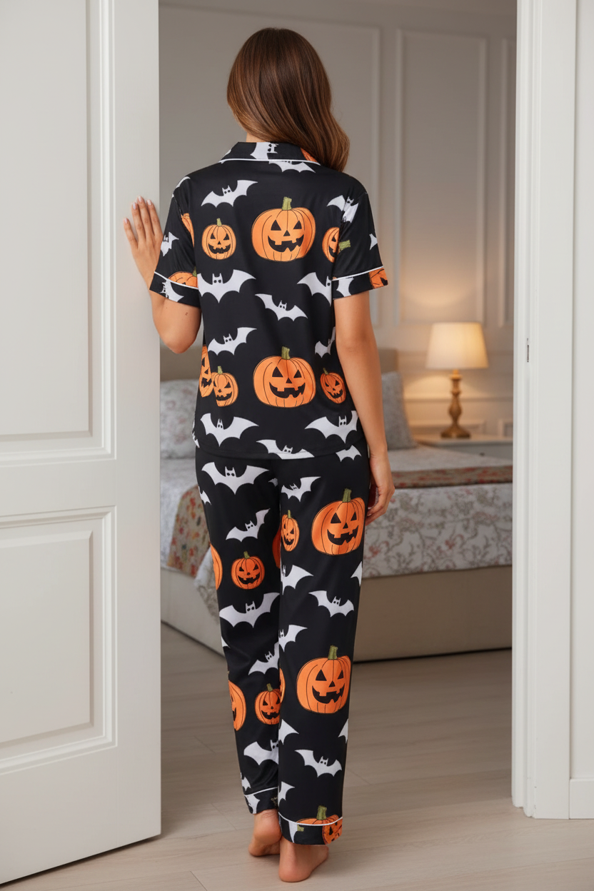 Spooky Pumpkin Bat Button-Down Short Sleeve Halloween Pajama Pants Loungewear Set